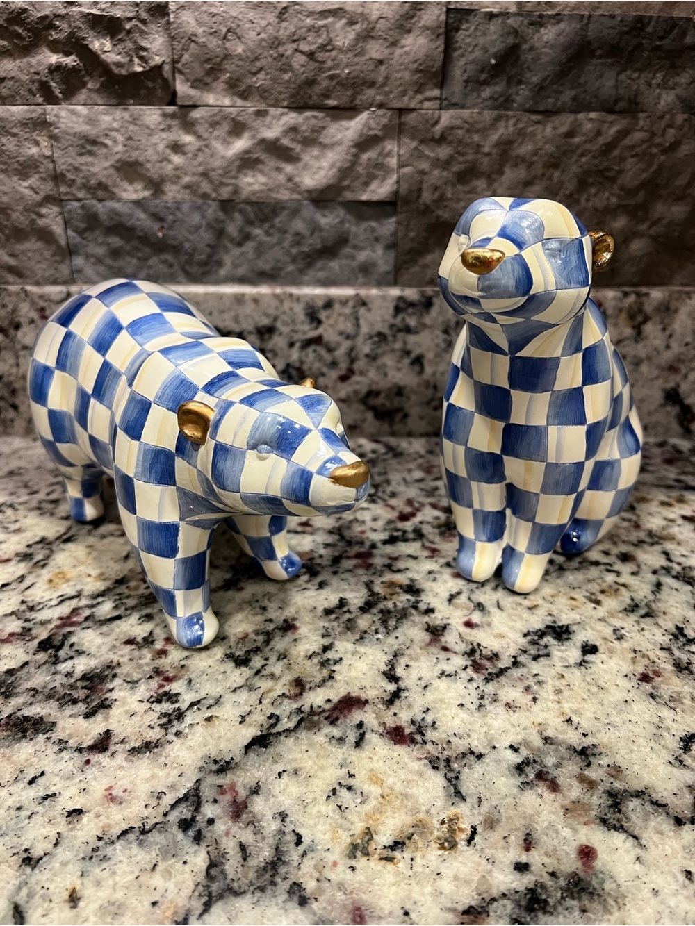 Mackenzie-Childs Royal Check Polar Bear Figurines, Set of 2. EUC. RARE & HTF.